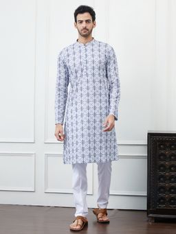 See Designs - Men Cream and Blue Chikankari Embroidered Cotton Kurta