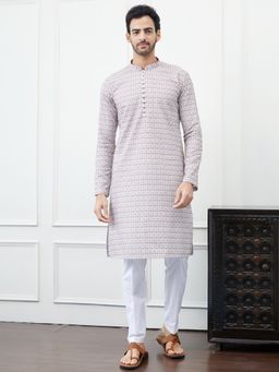 See Designs - Men Cream and Brown Chikankari Embroidered Cotton Kurta