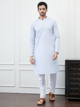See Designs - Men White and Blue Chikankari Embroidered Cotton Kurta with Pyjama (Set of 2)