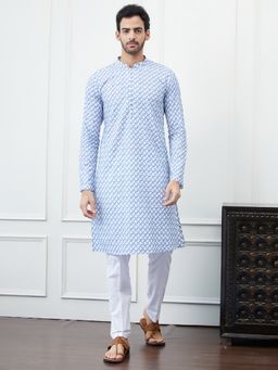 See Designs - Men White and Blue Chikankari Embroidered Cotton Kurta