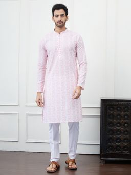 See Designs - Men White and Pink Chikankari Embroidered Cotton Kurta with Pyjama (Set of 2)