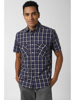 Peter England - Navy Blue Checks Cotton Blend Slim Fit Shirt