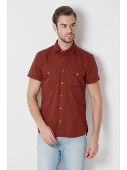 Peter England - Maroon Solid Cotton Slim Fit Shirt