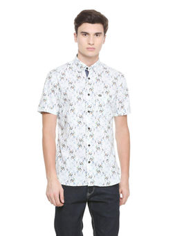 Peter England - White Printed Cotton Slim Fit Shirt