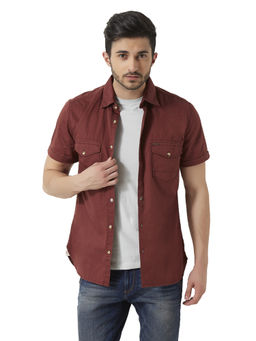 Peter England - Maroon Solid Cotton Slim Fit Shirt