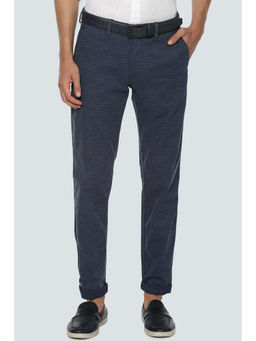Louis Philippe - Navy Blue Checks Cotton Blend Slim Fit Trouser