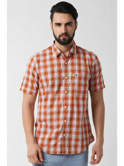 Peter England - Orange Checks Cotton Slim Fit Shirt