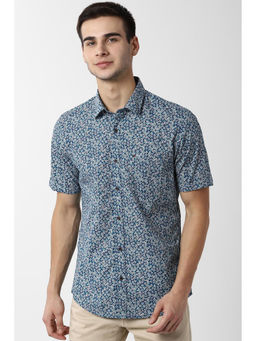 Peter England - Navy Blue Printed Cotton Slim Fit Shirt