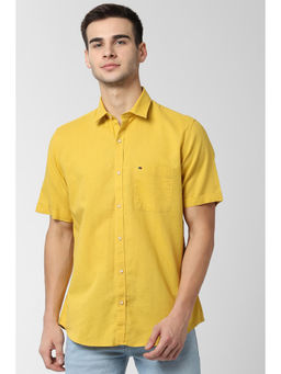 Peter England - Yellow Textured Cotton Blend Slim Fit Shirt