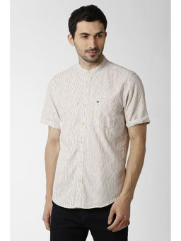Peter England - Beige Stripes Cotton Slim Fit Shirt