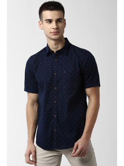 Peter England - Navy Blue Printed Cotton Slim Fit Shirt
