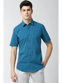 Peter England - Blue Checks Cotton Blend Slim Fit Shirt