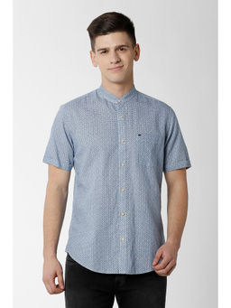 Peter England - Blue Printed Cotton Blend Slim Fit Shirt