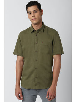 Peter England - Olive Solid Cotton Blend Slim Fit Shirt