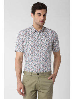 Peter England - White Printed Cotton Slim Fit Shirt