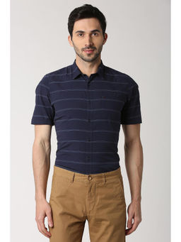 Peter England - Navy Blue Stripes Cotton Slim Fit Shirt