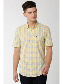 Peter England - Yellow Checks Cotton Slim Fit Shirt