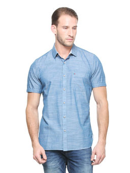 Peter England - Blue Textured Cotton Slim Fit Shirt