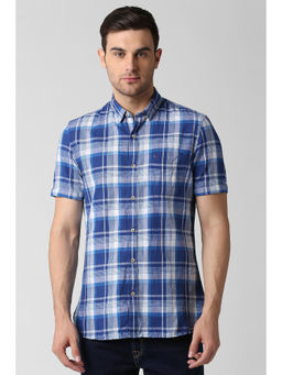Peter England - Blue Checks Cotton Linen Slim Fit Shirt