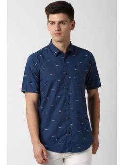 Peter England - Navy Blue Printed Cotton Slim Fit Shirt
