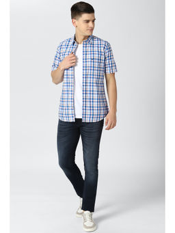 Peter England - Blue Checks Cotton Slim Fit Shirt