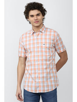 Peter England - Peach Checks Cotton Slim Fit Shirt