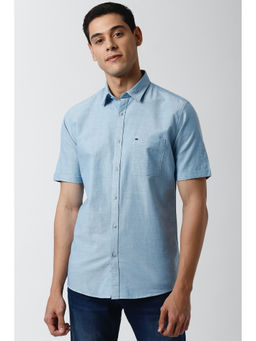 Peter England - Blue Solid Cotton Slim Fit Shirt