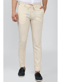 Peter England - Beige Solid Cotton Linen Slim Fit Trouser