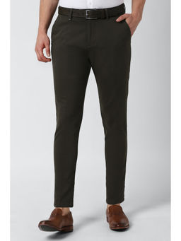 Peter England - Olive Solid Cotton Blend Slim Fit Trouser