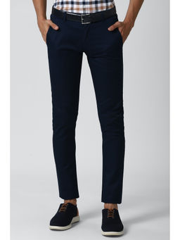 Peter England - Navy Blue Solid Cotton Blend Skinny Fit Trouser