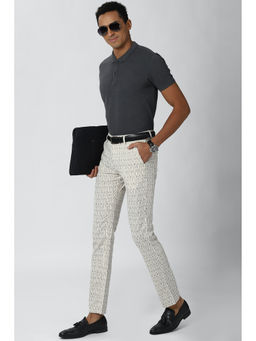 Peter England - Cream Stripes Polyester Blend Slim Fit Trouser