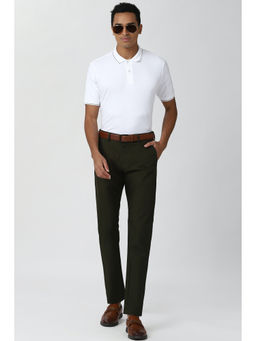 Peter England - Olive Solid Cotton Blend Slim Fit Trouser