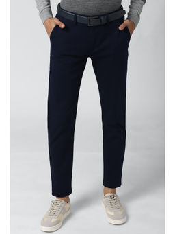 Peter England - Navy Blue Solid Cotton Blend Slim Fit Trouser
