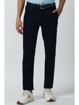 Peter England - Navy Blue Solid Cotton Blend Slim Fit Trouser