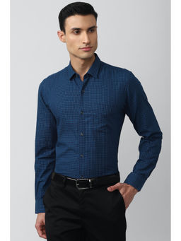 Peter England - Navy Blue Checks Cotton Blend Slim Fit Shirt
