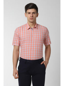 Peter England - Peach Checks Cotton Blend Regular Fit Shirt