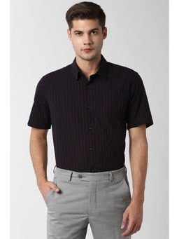 Peter England - Navy Blue Stripes Cotton Blend Regular Fit Shirt