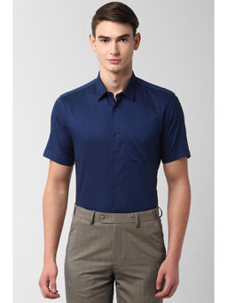 Peter England - Navy Blue Textured Cotton Regular Fit Shirt