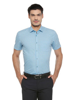 Peter England - Blue Checks Cotton Blend Slim Fit Shirt