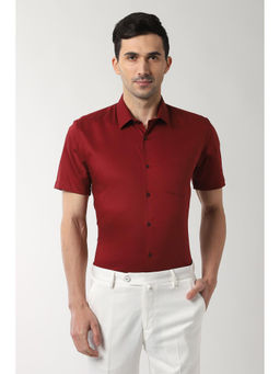 Peter England - Red Solid Cotton Blend Slim Fit Shirt