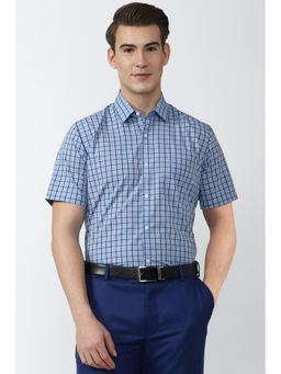 Peter England - Blue Checks Cotton Blend Regular Fit Shirt