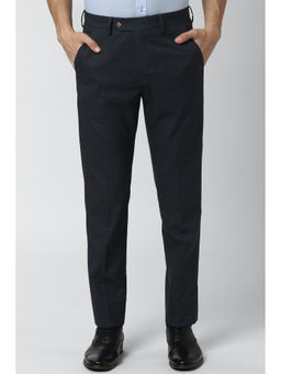 Peter England - Navy Blue Checks Polyester Blend Regular Fit Trouser