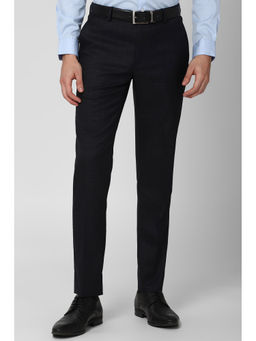 Peter England - Navy Blue Checks Polyester Blend Slim Fit Trouser