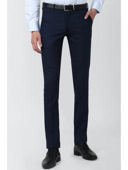 Peter England - Navy Blue Checks Polyester Blend Slim Fit Trouser