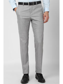 Peter England - Grey Checks Polyester Blend Slim Fit Trouser