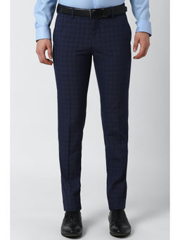 Peter England - Navy Blue Checks Polyester Blend Slim Fit Trouser