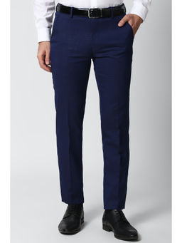 Peter England - Navy Blue Checks Polyester Blend Slim Fit Trouser