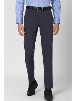 Peter England - Navy Blue Textured Polyester Blend Slim Fit Trouser