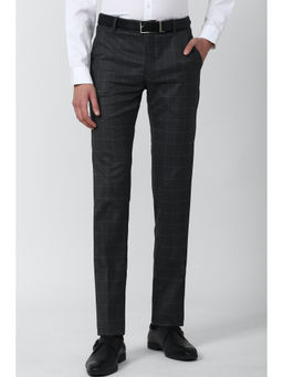 Peter England - Grey Checks Polyester Blend Slim Fit Trouser