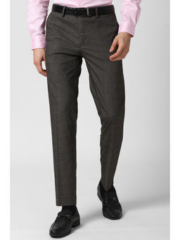 Peter England - Grey Checks Polyester Blend Slim Fit Trouser
